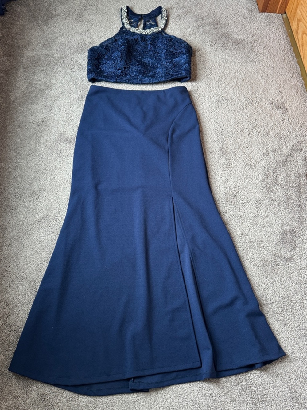 My Michele Navy Lace Two Piece Formal Dress Set Maxi Skirt SIZE 13